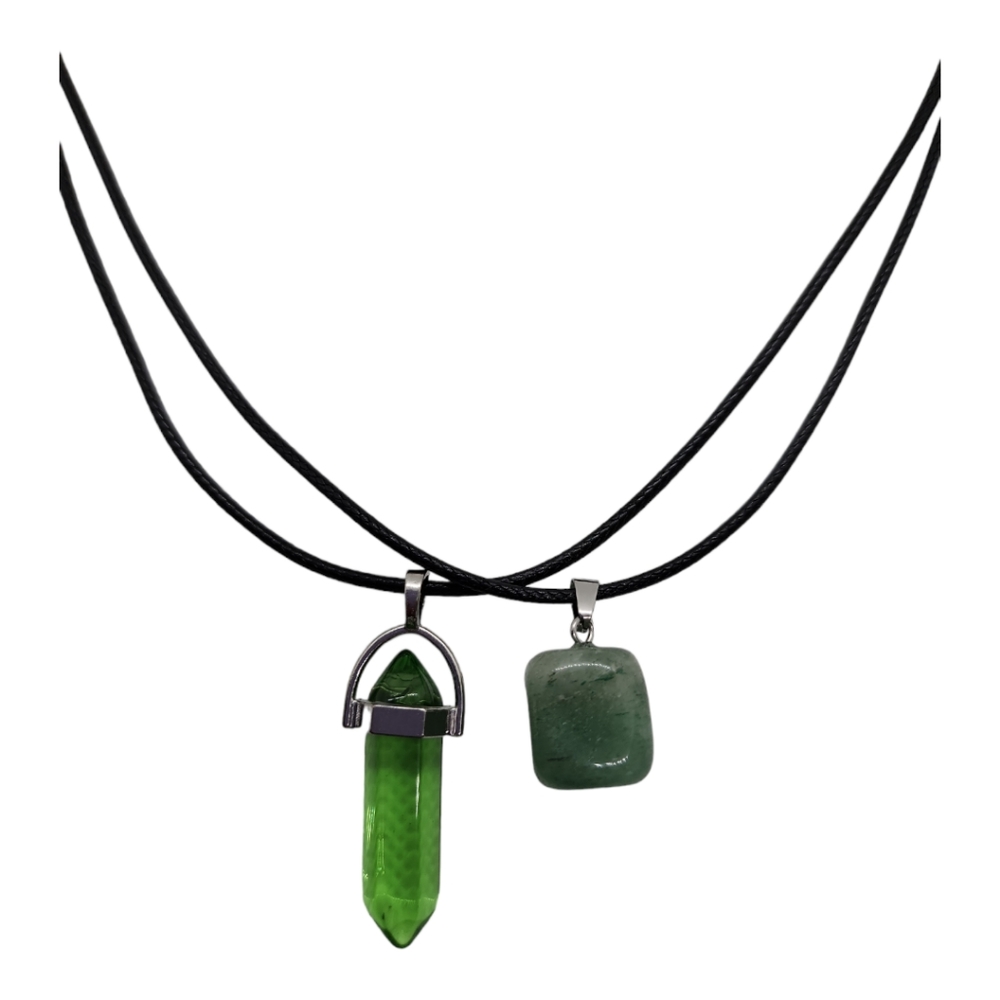Set Of 2 Gemstones Black Leather Necklace 18"